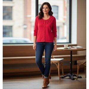 Vintage Boden Womens Embellished Rose Cardigan Size L Red 3/4 Sleeve Button